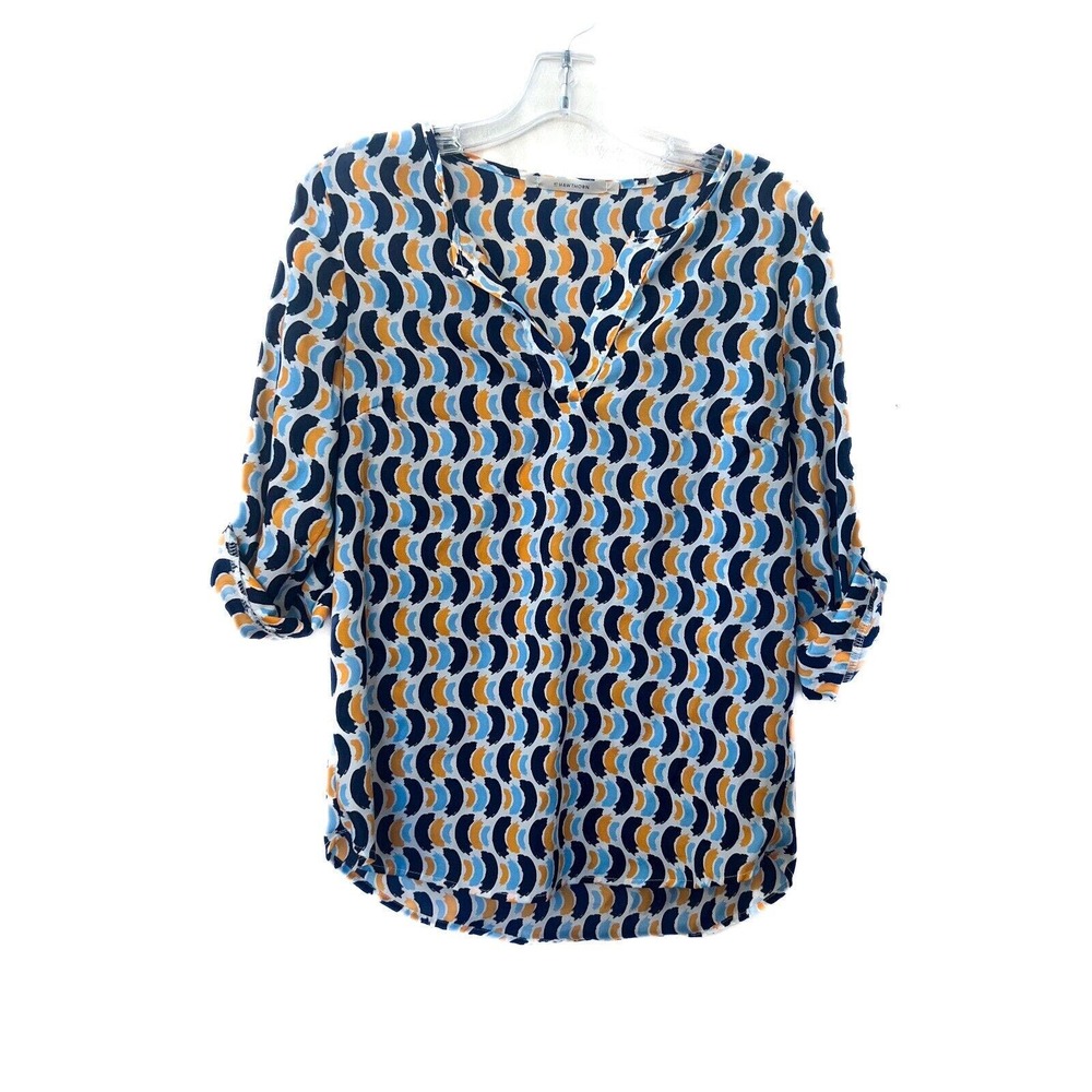 41 HAWTHORN Blouse V Neck Roll Tab Sleeve Orange Blue Abstract Artsy Top Small